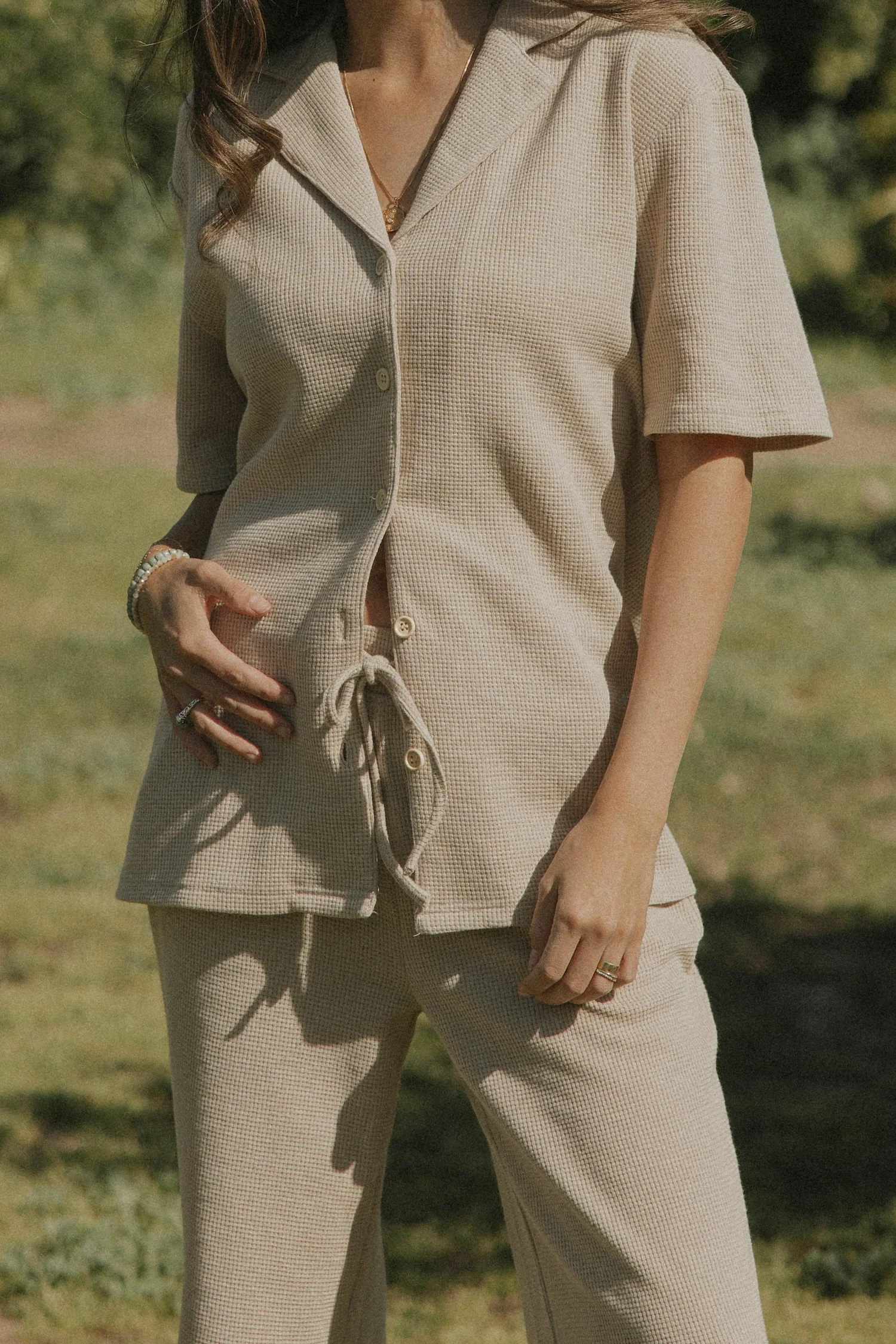 Haley Waffle Knit Button Down | Almond - Image 3